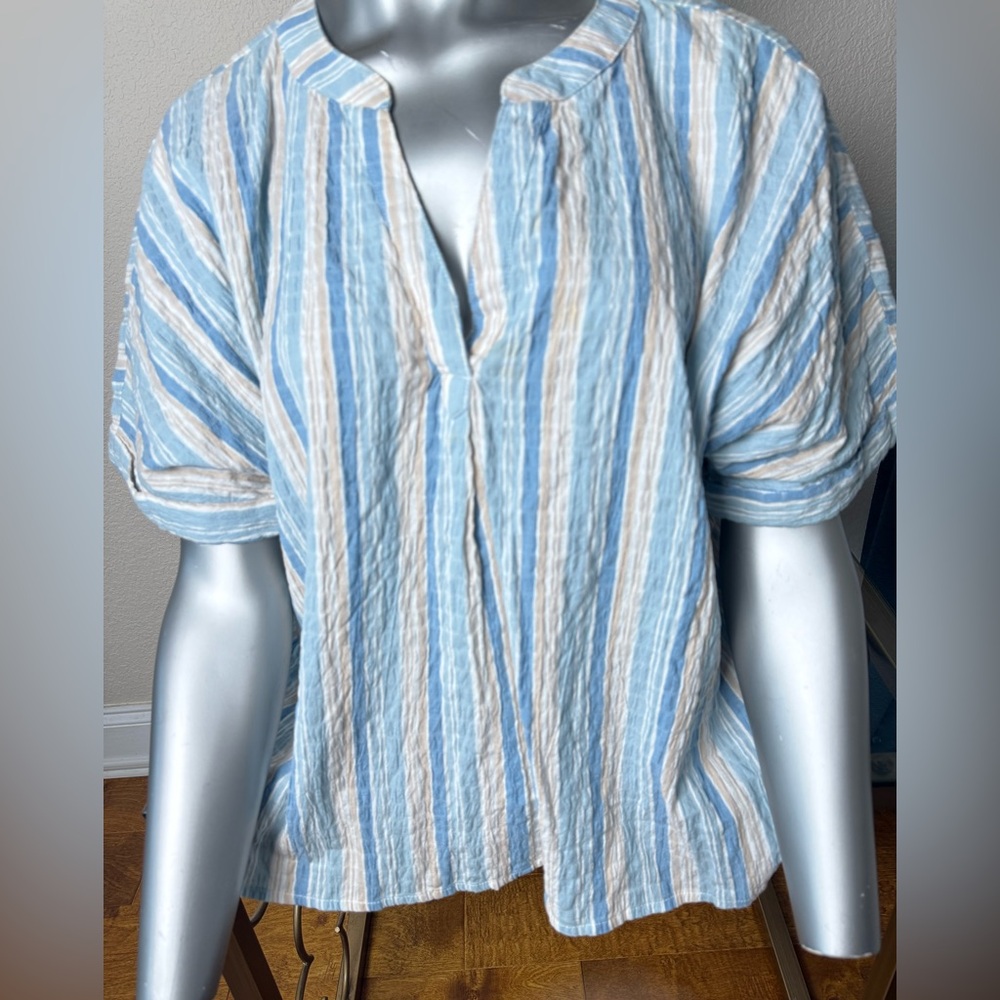 Studio West Blue and Tan Striped Blouse